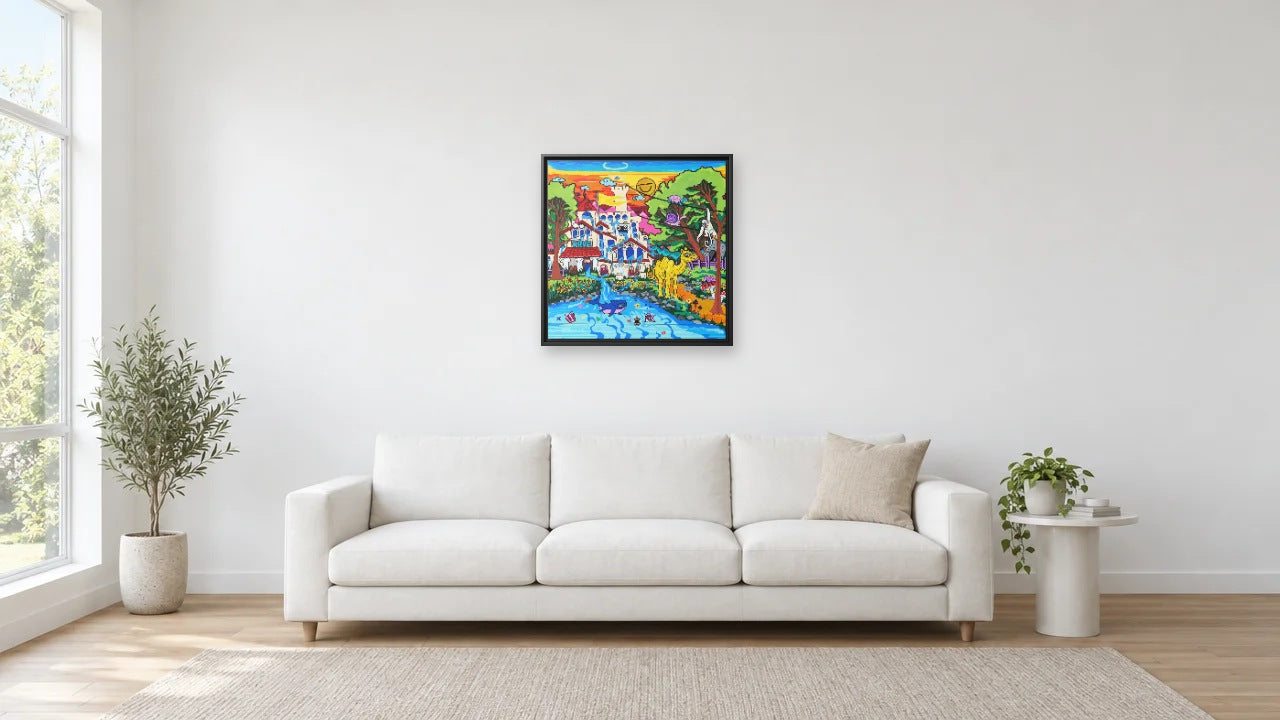 Blue Castle by Eloi Ortiz shown to scale at 24 x 24 in (61 x 61 cm), black frame, above a 240 cm sofa in a white living room