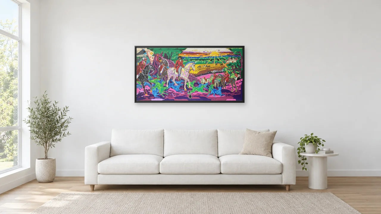 The Hunt For Justice by Eloi Ortiz shown to scale at 48 x 24 in (122 x 61 cm), black frame, above a 240 cm sofa in a white living room