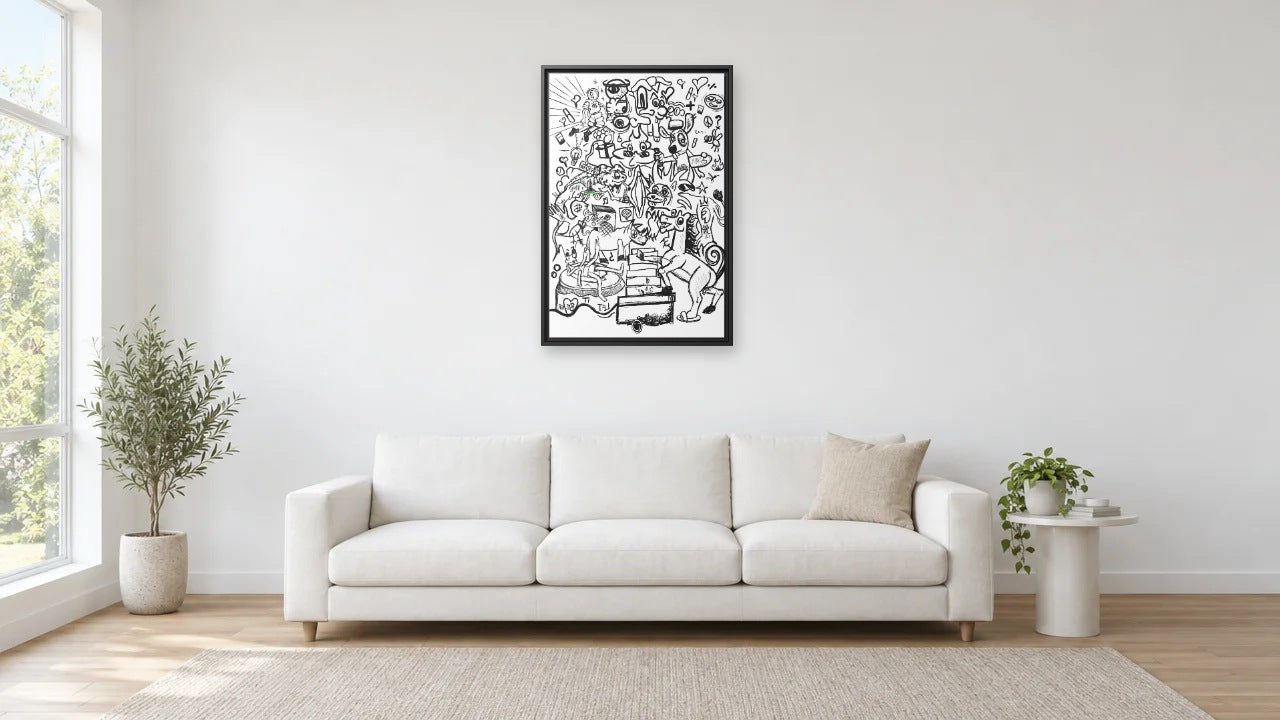 Lucid Dream by Eloi Ortiz shown to scale at 24 x 36 in (61 x 91 cm), black frame, above a 240 cm sofa in a white living room