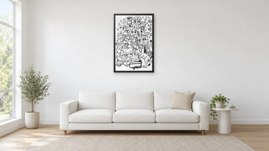 Lucid Dream by Eloi Ortiz shown to scale at 24 x 36 in (61 x 91 cm), black frame, above a 240 cm sofa in a white living room