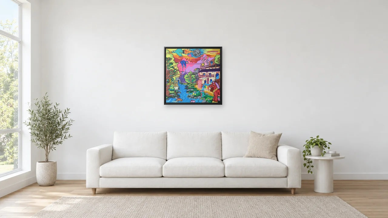 Pinta Te Algo by Eloi Ortiz shown to scale at 24 x 24 in (61 x 61 cm), black frame, above a 240 cm sofa in a white living room