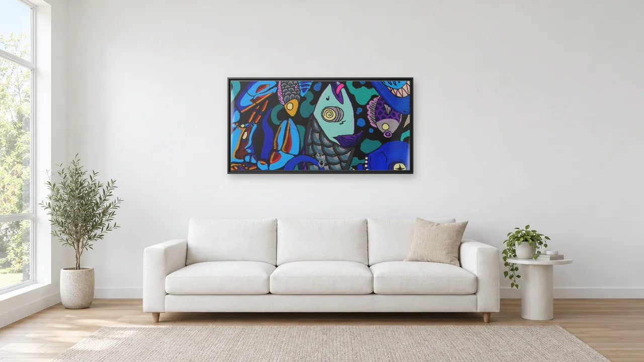 Shark by Eloi Ortiz shown to scale at 48 x 24 in (122 x 61 cm), black frame, above a 240 cm sofa in a white living room