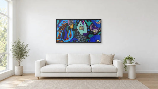Shark by Eloi Ortiz shown to scale at 48 x 24 in (122 x 61 cm), black frame, above a 240 cm sofa in a white living room